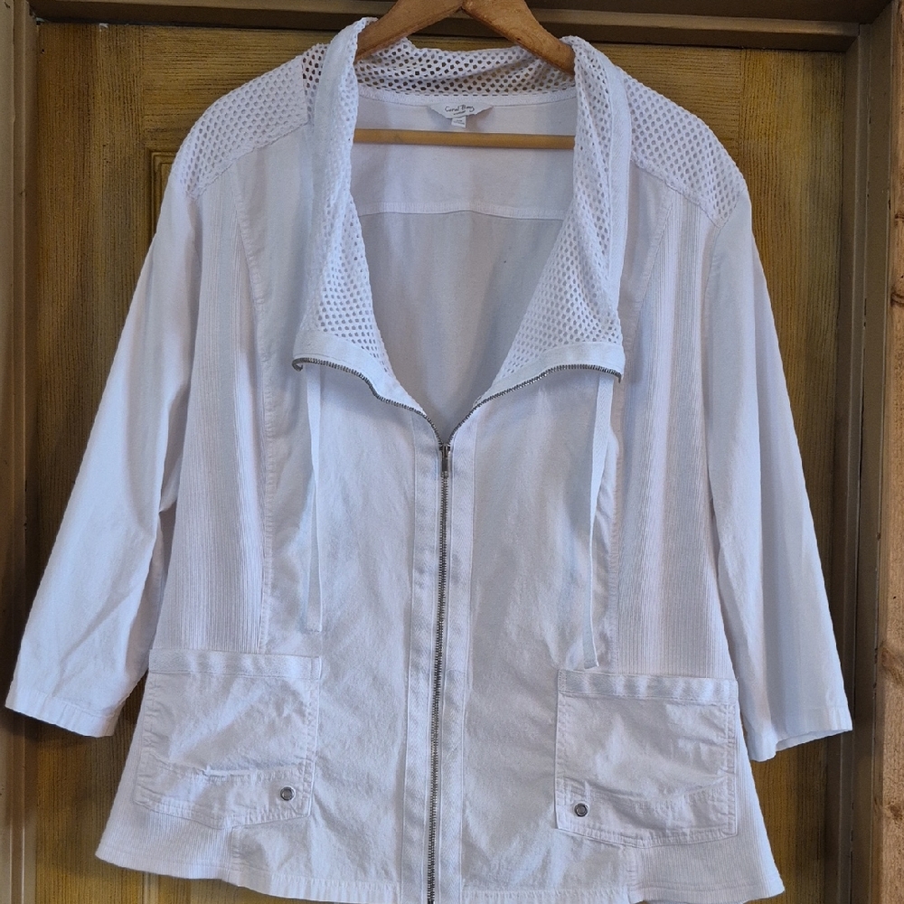Coral Bay Woman White Cotton Blend Zip Up Jacket Mesh Detail 2x Leightweight